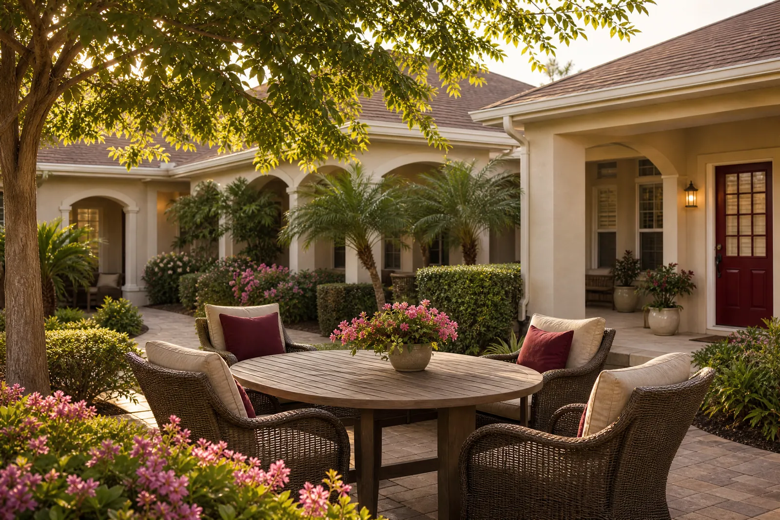 Welcoming group-home courtyard with outdoor seating, landscaped garden, and a residential entrance.