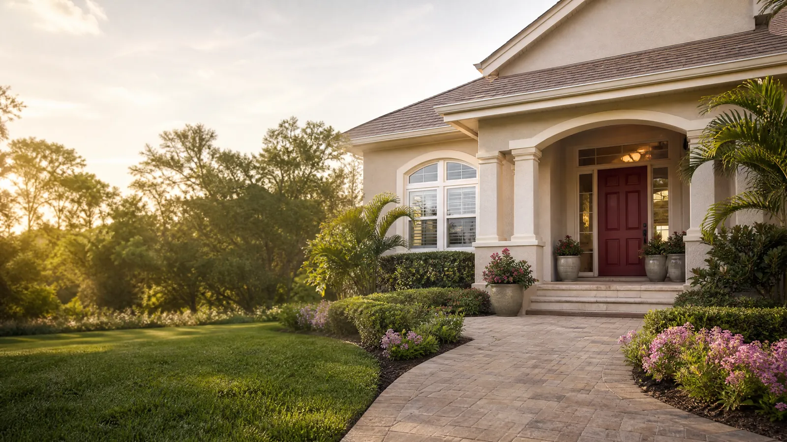 Welcoming Florida-style Pink Panther Care residence with landscaped path and burgundy front door.