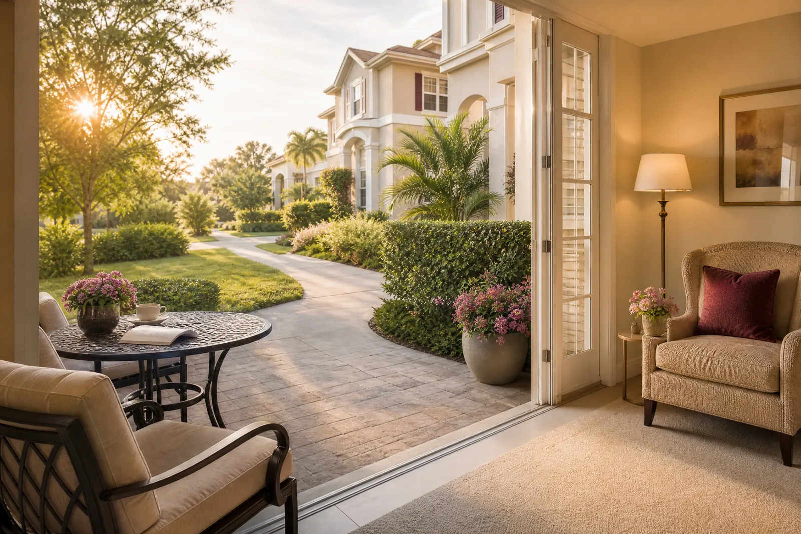 Comfortable shared-home patio for independent living residents.