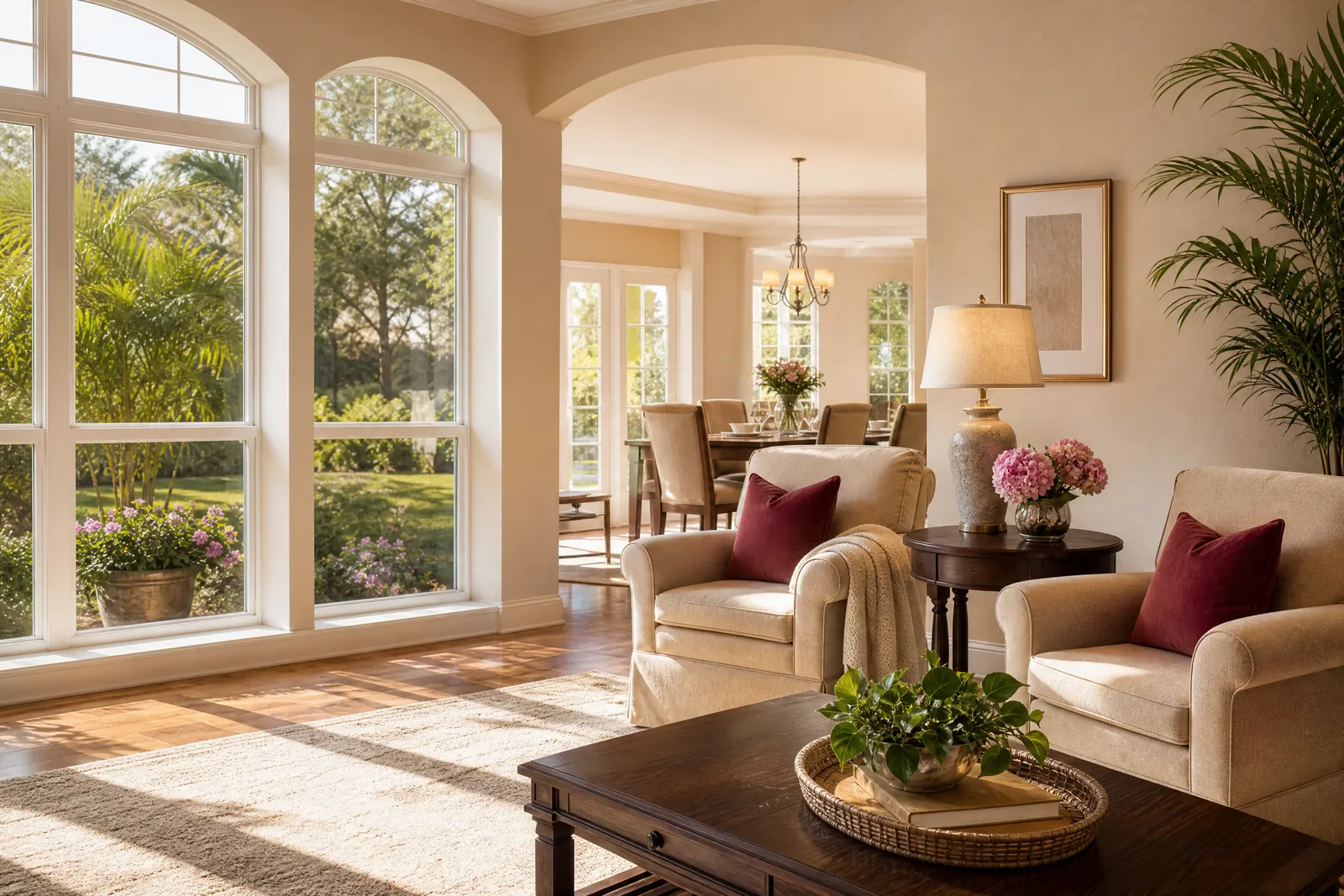 Warm, sunlit residential living room planned for Pink Panther Care’s future assisted living program.