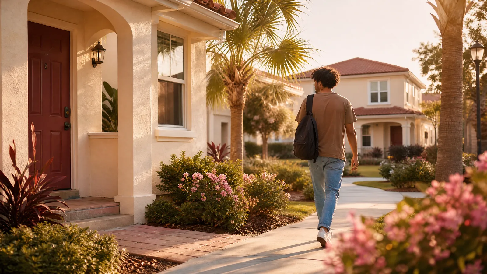 Young adult walking along a landscaped path between welcoming Florida homes, representing a personalized journey toward housing stability and greater independence.