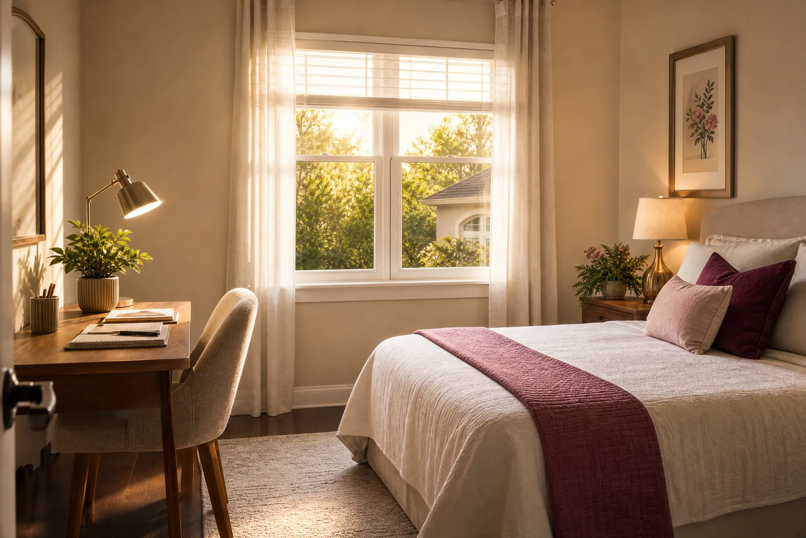 Bright, tidy private bedroom and study area in a supportive transitional housing setting.